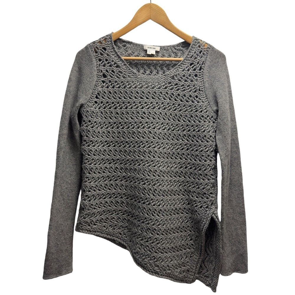 Helmut Lang Women's Sz Small Asymmetric Open Knit Gray Wool/Cashmere Sweater euc